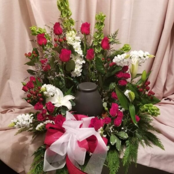 Cremation centerpiece and standing easel arrangement