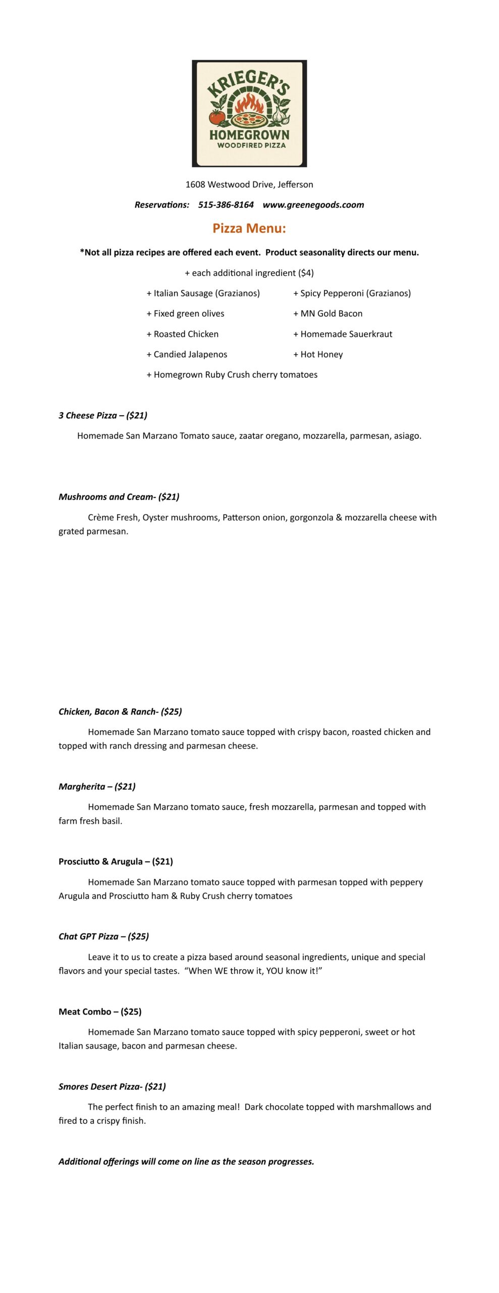 Krieger's Woodfired Pizza Menu